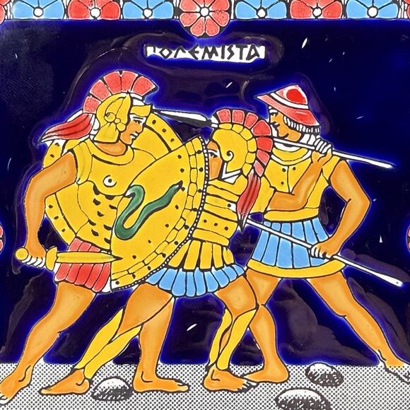 ORMI Greece 6” Ceramic Tile Hoplite Warrior Battle Scene Hand Painted Greek Art - Picture 2 of 6